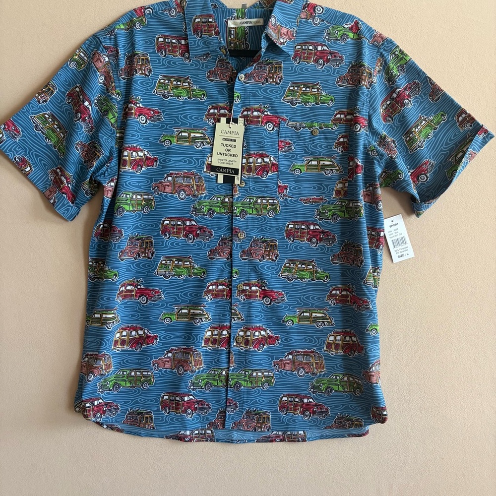 Campia Moda Men’s NEWShort Sleeve Button-Up Shirt Blue Retro Car Print Size L - Picture 2 of 14